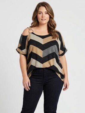 Womans Chevron Striped Cold Shoulder Ring Accent Top